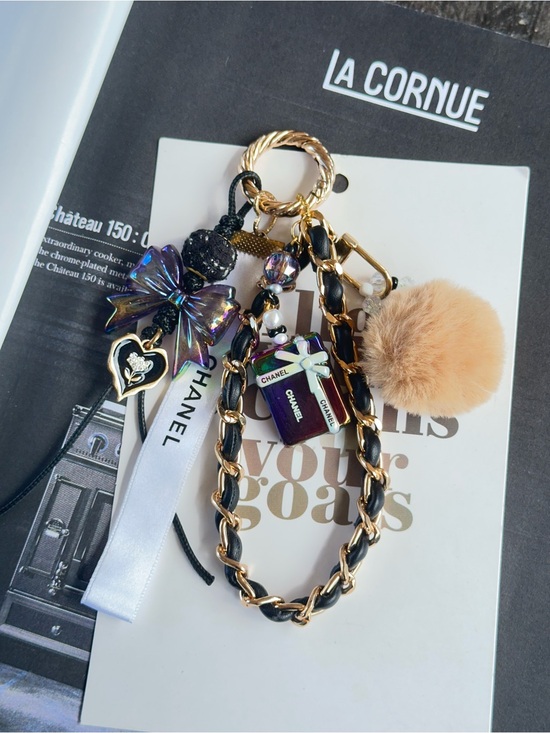 Accessories - CC Ribbon with Multi-Charm Keychain with Fur Pom